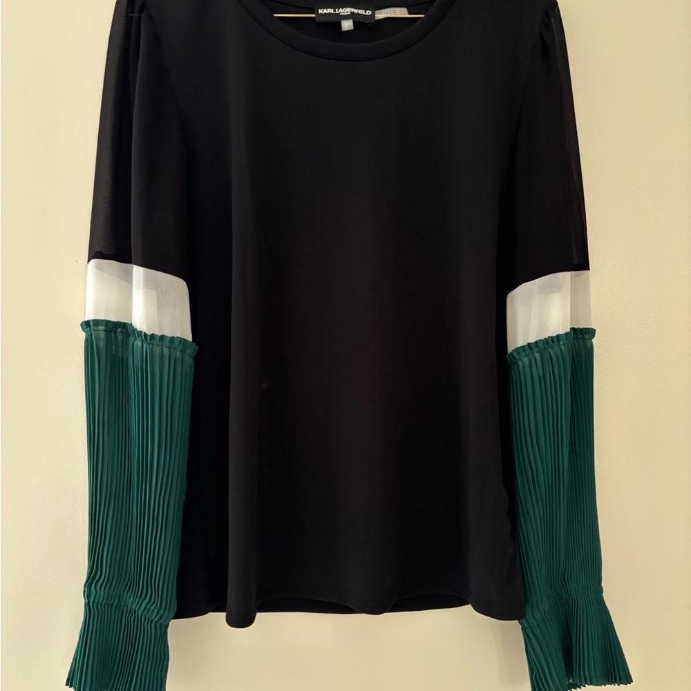 Karl Lagerfeld Black Top with Green Pleated Sleeves